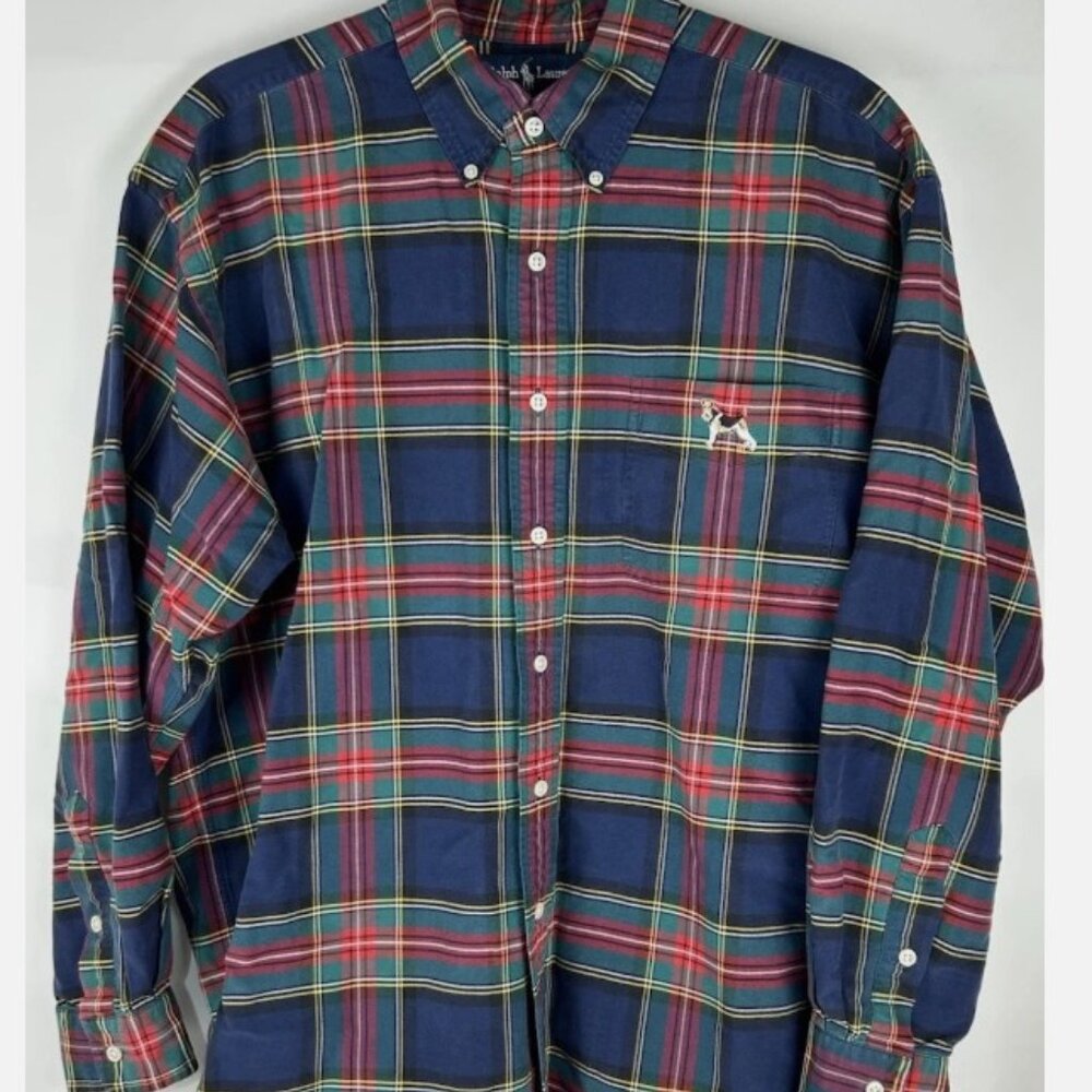 Ralph Lauren Blue Red Plaid Airedale Terrier Dog Logo Shirt Mens L Blake Cotton